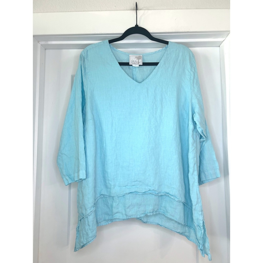 La Fixsun Blue Linen V-Neck Asymmetrical Layered Top Small FBT95 Made in USA